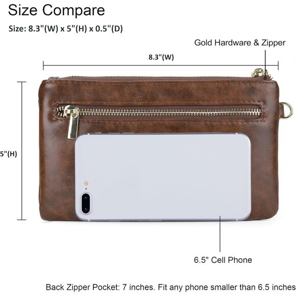 Genuine Leather Wristlet Clutch Wallet Purse Crazy Horse Leather Brown - Picture 4 of 5